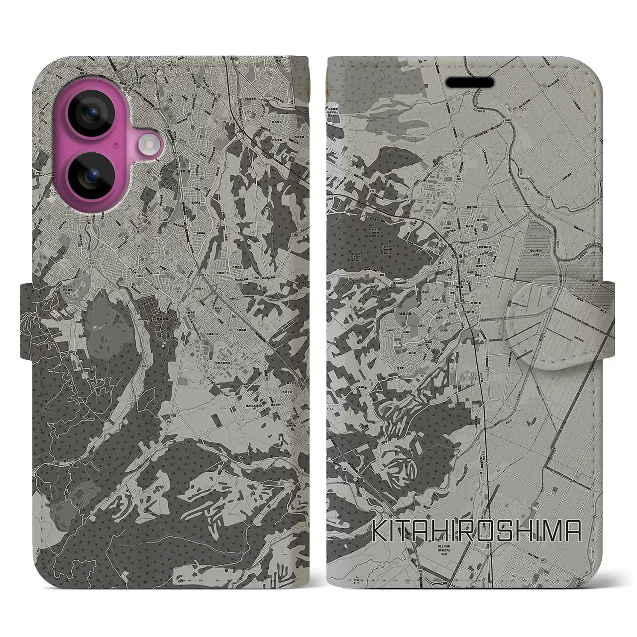 【北広島(北海道)】地図柄iPhoneケース(手帳タイプ)モノトーン・iPhone 16 Pro 用