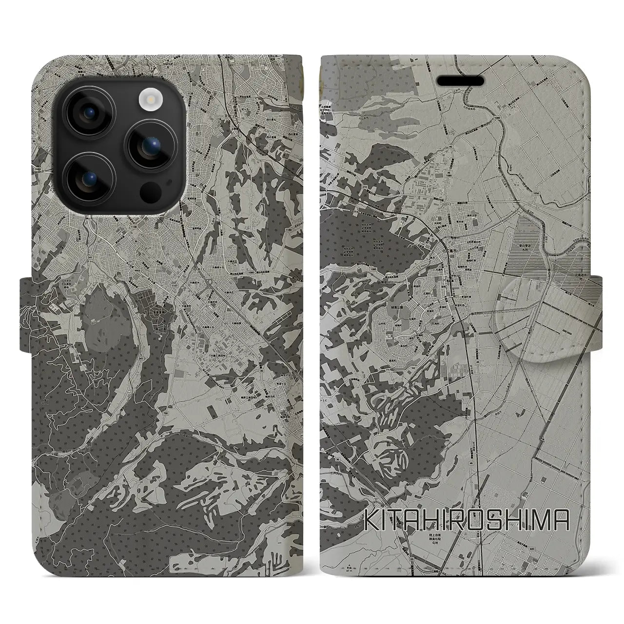 【北広島(北海道)】地図柄iPhoneケース(手帳タイプ)モノトーン・iPhone 16 用