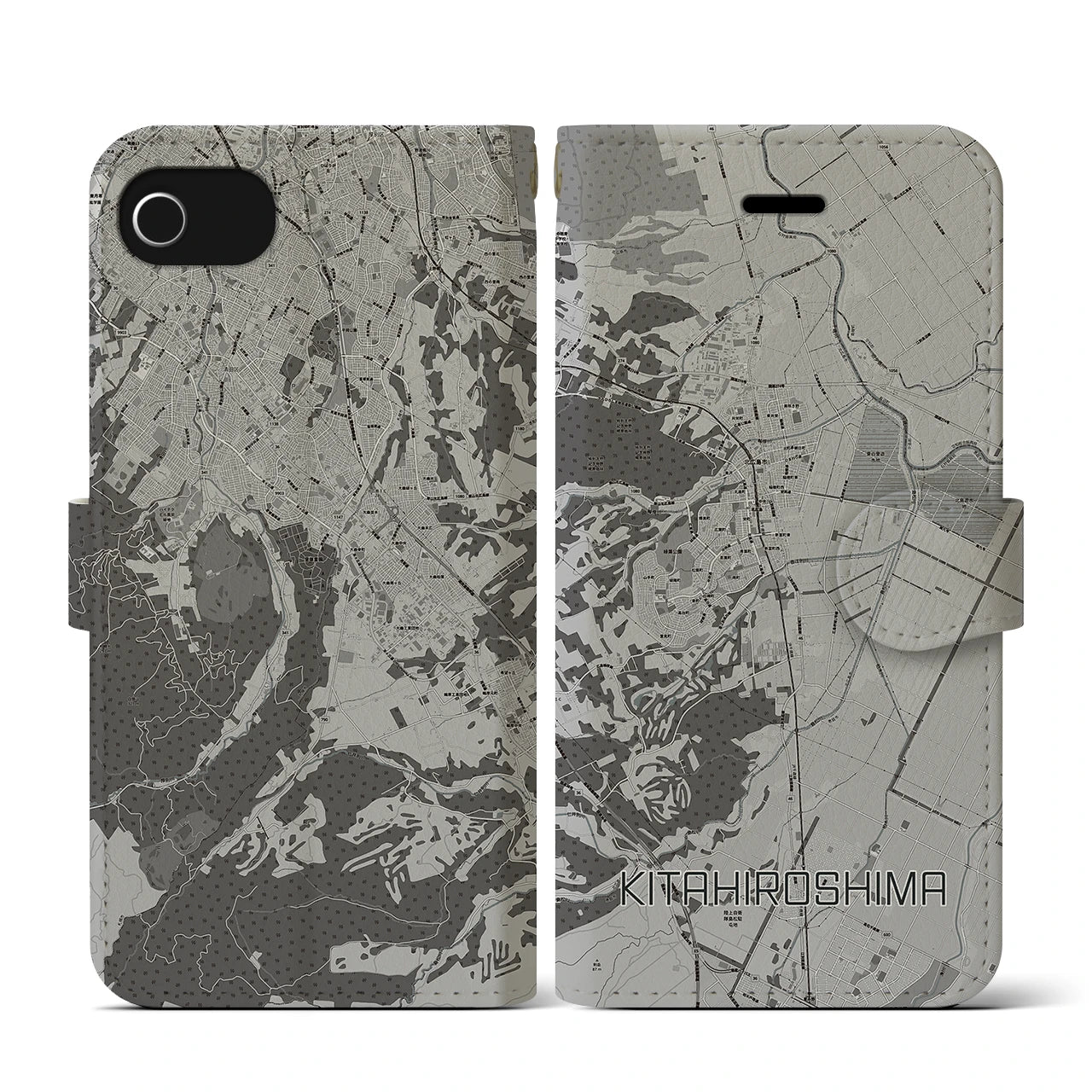 【北広島(北海道)】地図柄iPhoneケース(手帳タイプ)モノトーン・iPhone SE(第3 / 第2世代) / 8 / 7 / 6s / 6 用