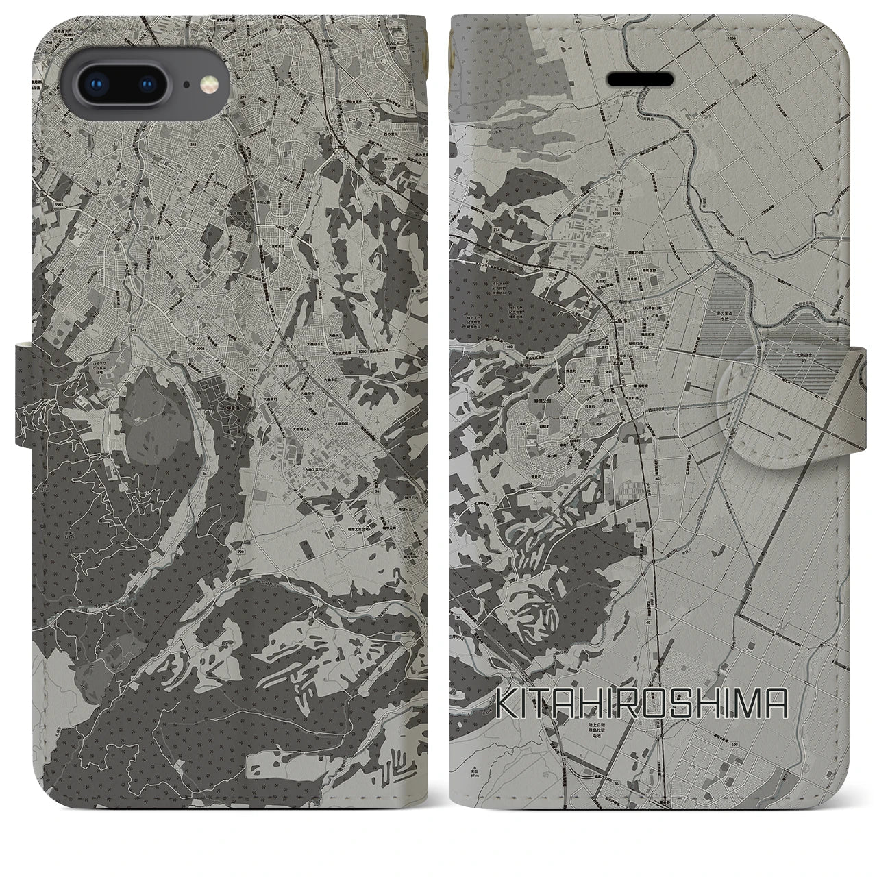 【北広島(北海道)】地図柄iPhoneケース(手帳タイプ)モノトーン・iPhone 8Plus /7Plus / 6sPlus / 6Plus 用