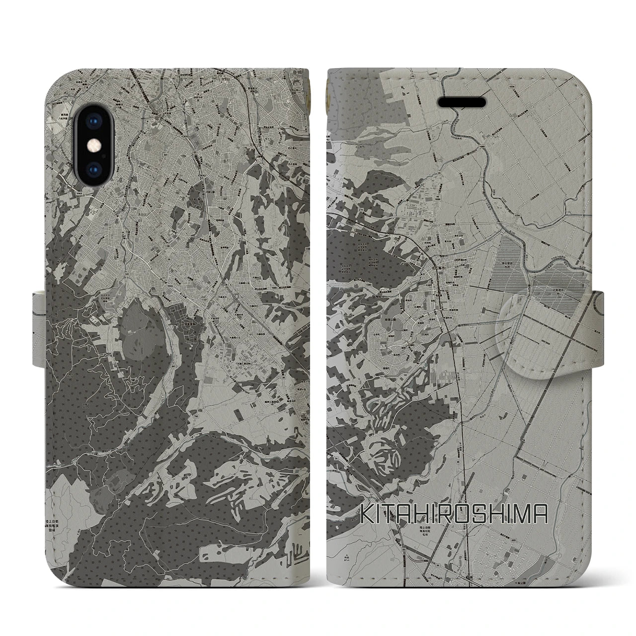 【北広島(北海道)】地図柄iPhoneケース(手帳タイプ)モノトーン・iPhone XS / X 用