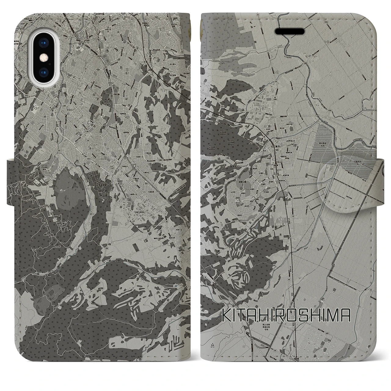 【北広島(北海道)】地図柄iPhoneケース(手帳タイプ)モノトーン・iPhone XS Max 用