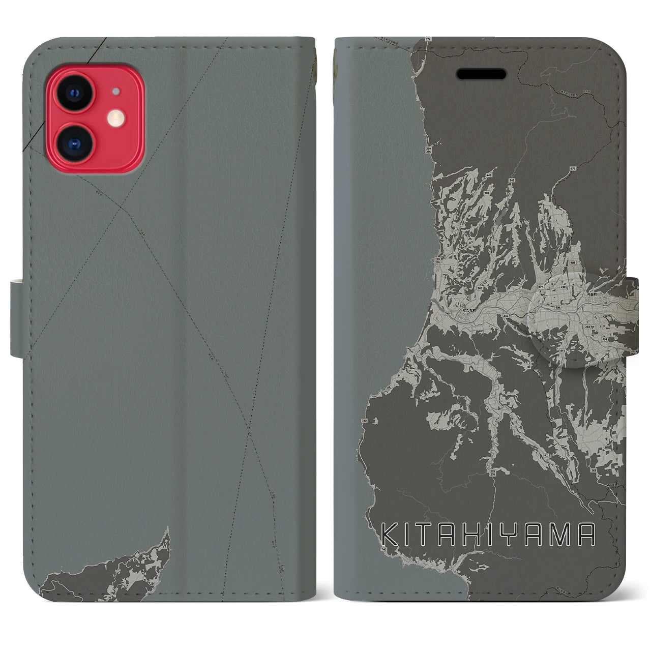 【北檜山(北海道)】地図柄iPhoneケース(手帳タイプ)モノトーン・iPhone 11 用