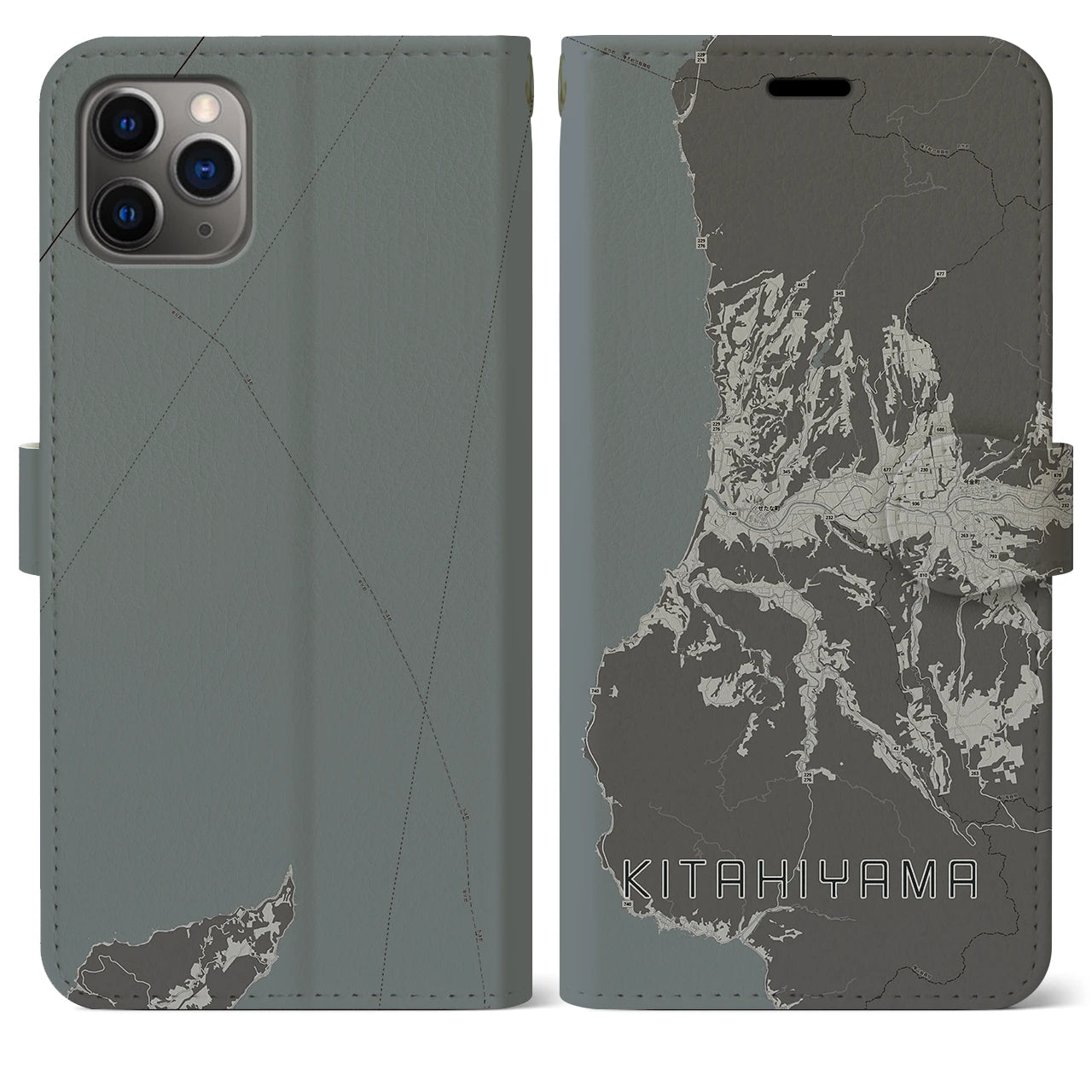 【北檜山(北海道)】地図柄iPhoneケース(手帳タイプ)モノトーン・iPhone 11 Pro Max 用