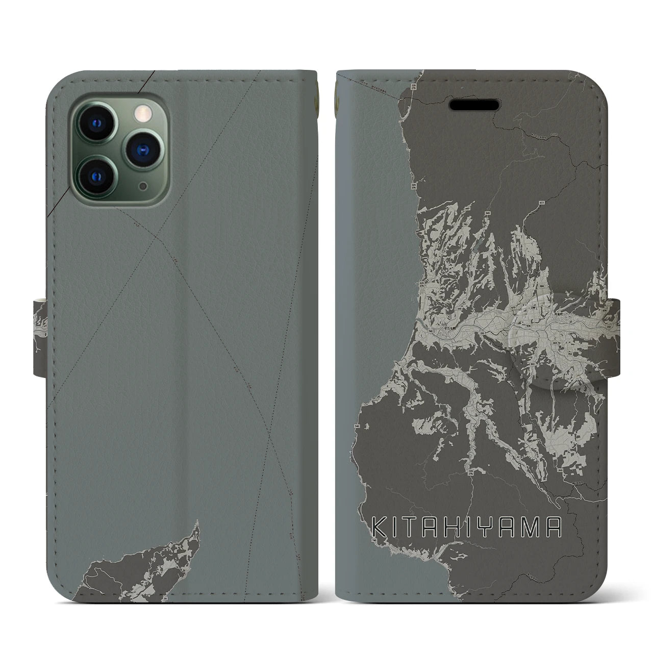 【北檜山(北海道)】地図柄iPhoneケース(手帳タイプ)モノトーン・iPhone 11 Pro 用