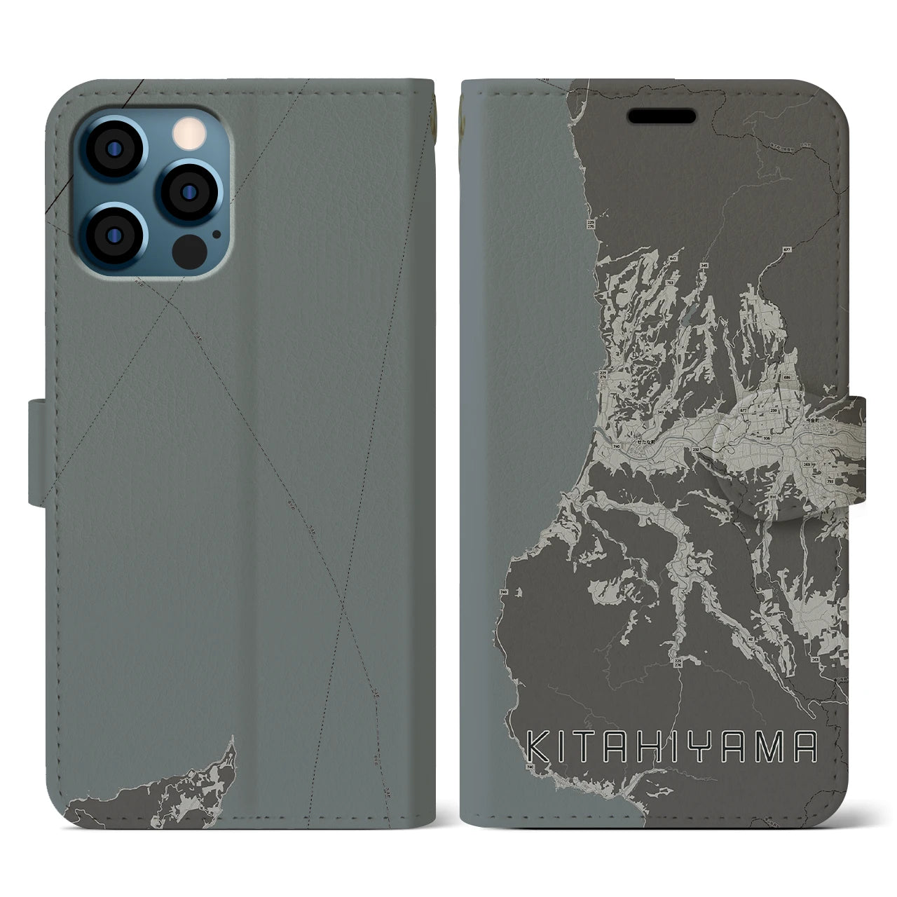 【北檜山(北海道)】地図柄iPhoneケース(手帳タイプ)モノトーン・iPhone 12 / 12 Pro 用