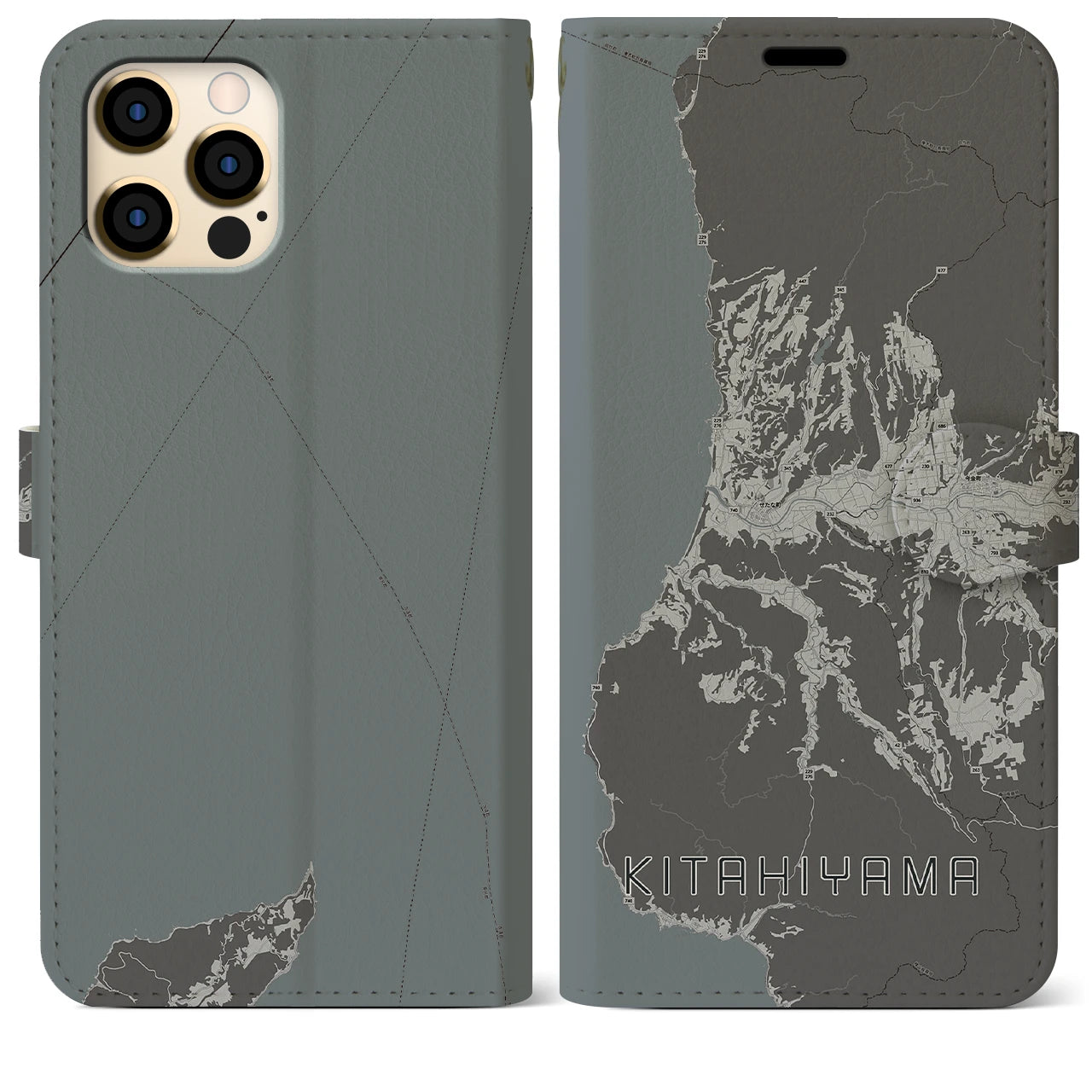 【北檜山(北海道)】地図柄iPhoneケース(手帳タイプ)モノトーン・iPhone 12 Pro Max 用