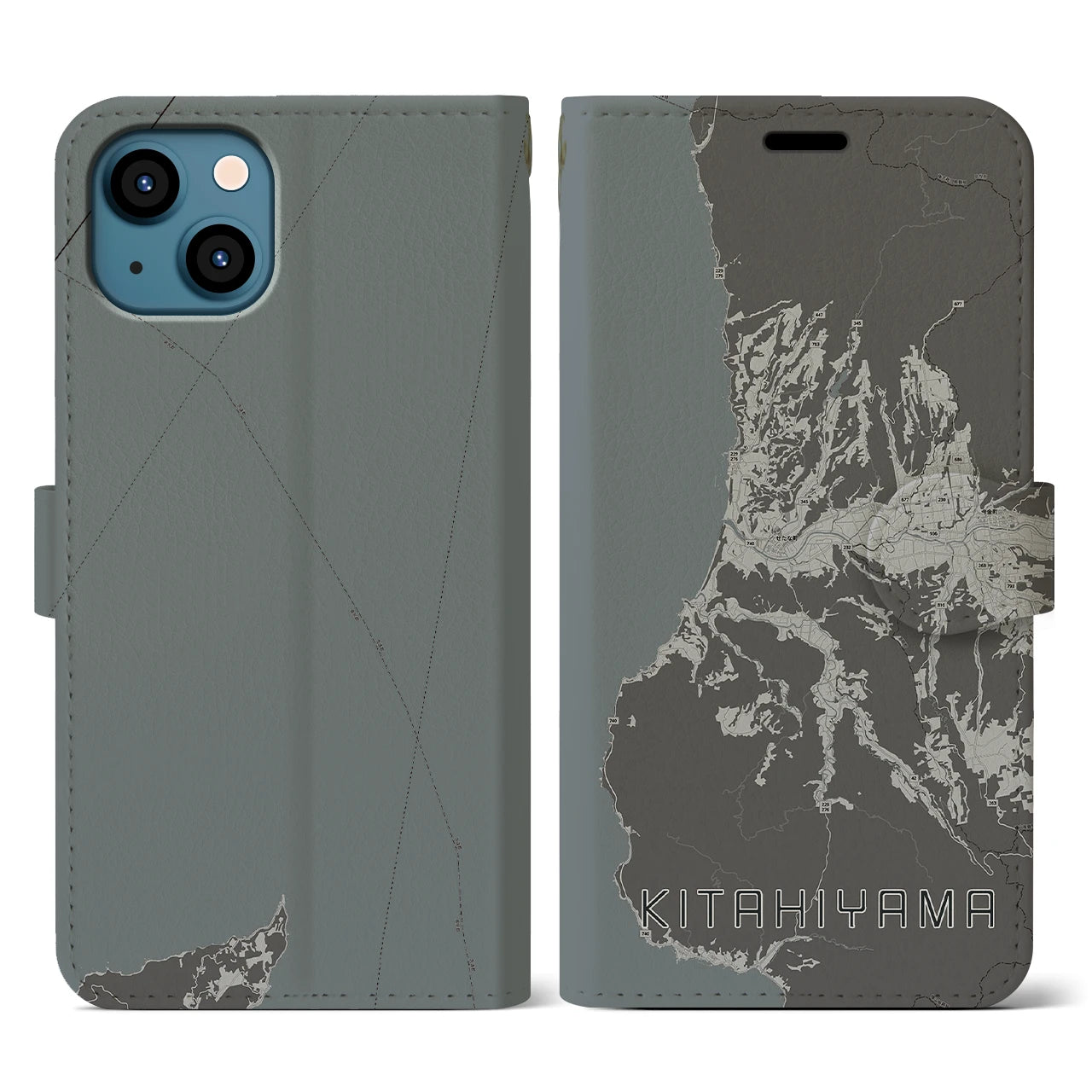 【北檜山(北海道)】地図柄iPhoneケース(手帳タイプ)モノトーン・iPhone 13 用