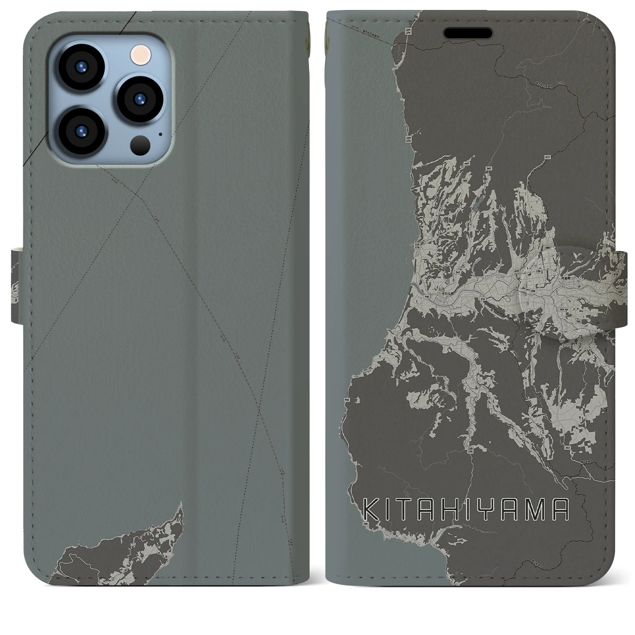 【北檜山(北海道)】地図柄iPhoneケース(手帳タイプ)モノトーン・iPhone 13 Pro Max 用