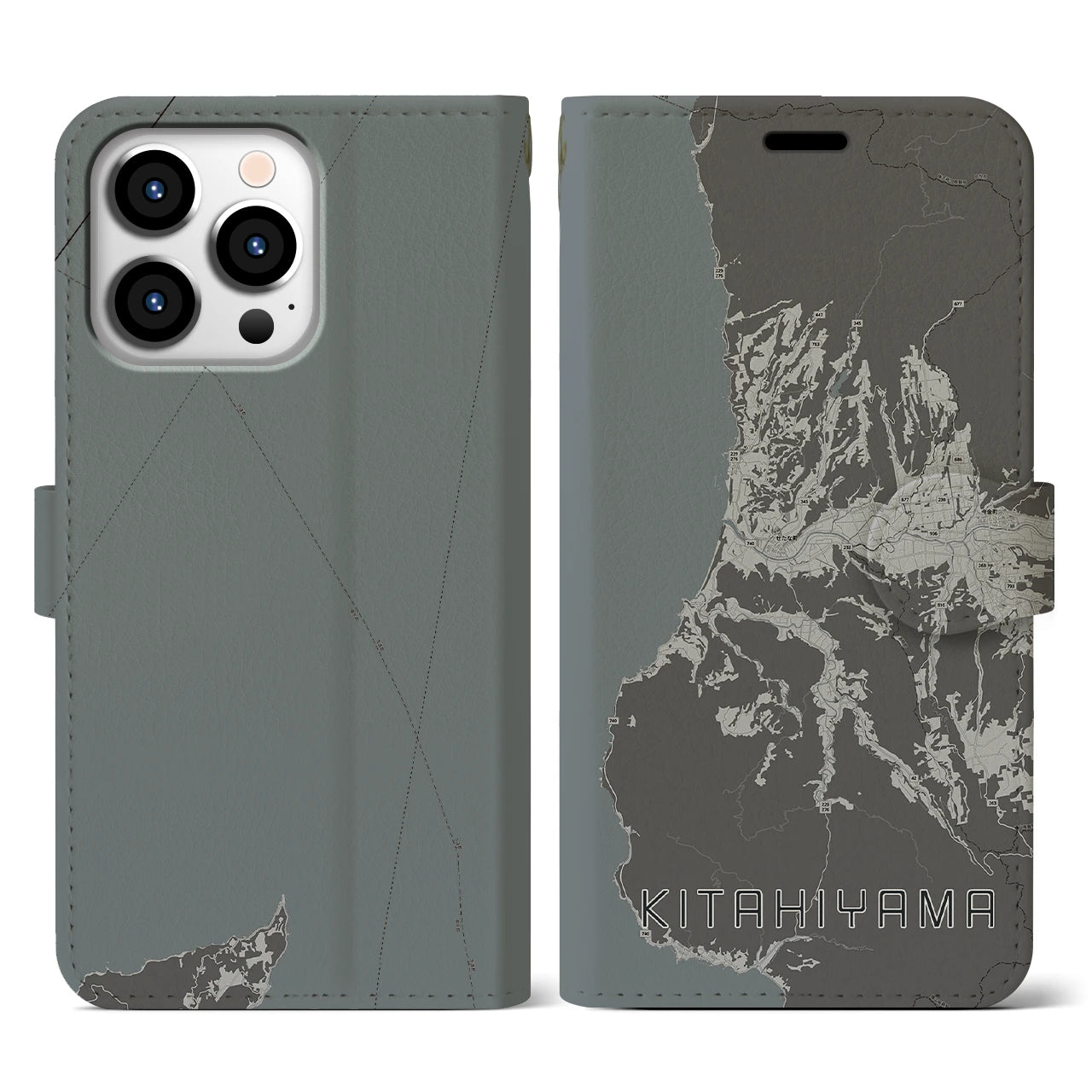 【北檜山(北海道)】地図柄iPhoneケース(手帳タイプ)モノトーン・iPhone 13 Pro 用