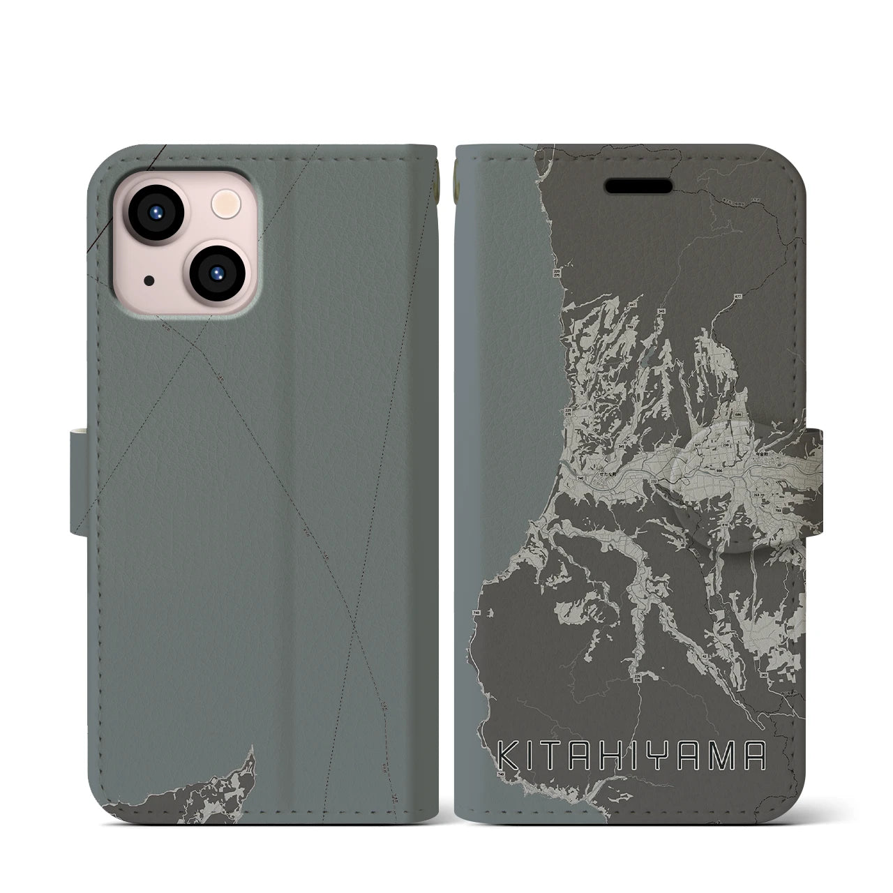 【北檜山(北海道)】地図柄iPhoneケース(手帳タイプ)モノトーン・iPhone 13 mini 用