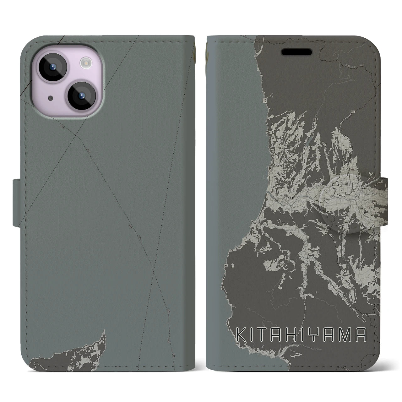 【北檜山(北海道)】地図柄iPhoneケース(手帳タイプ)モノトーン・iPhone 14 用