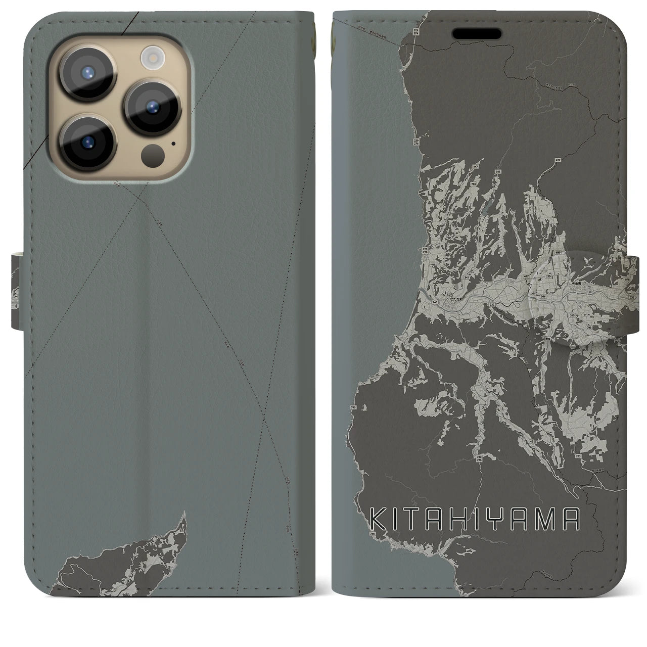 【北檜山(北海道)】地図柄iPhoneケース(手帳タイプ)モノトーン・iPhone 14 Pro Max 用