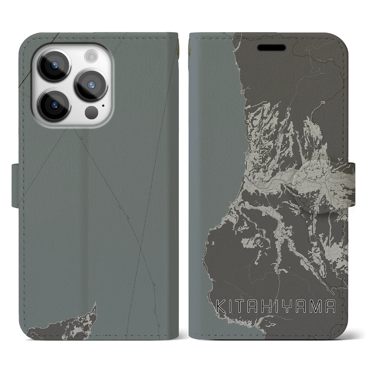 【北檜山(北海道)】地図柄iPhoneケース(手帳タイプ)モノトーン・iPhone 14 Pro 用