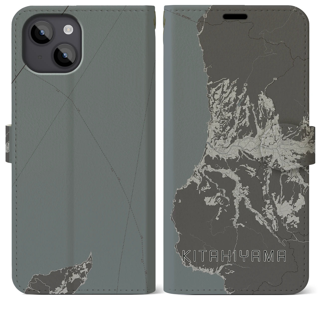 【北檜山(北海道)】地図柄iPhoneケース(手帳タイプ)モノトーン・iPhone 14 Plus 用