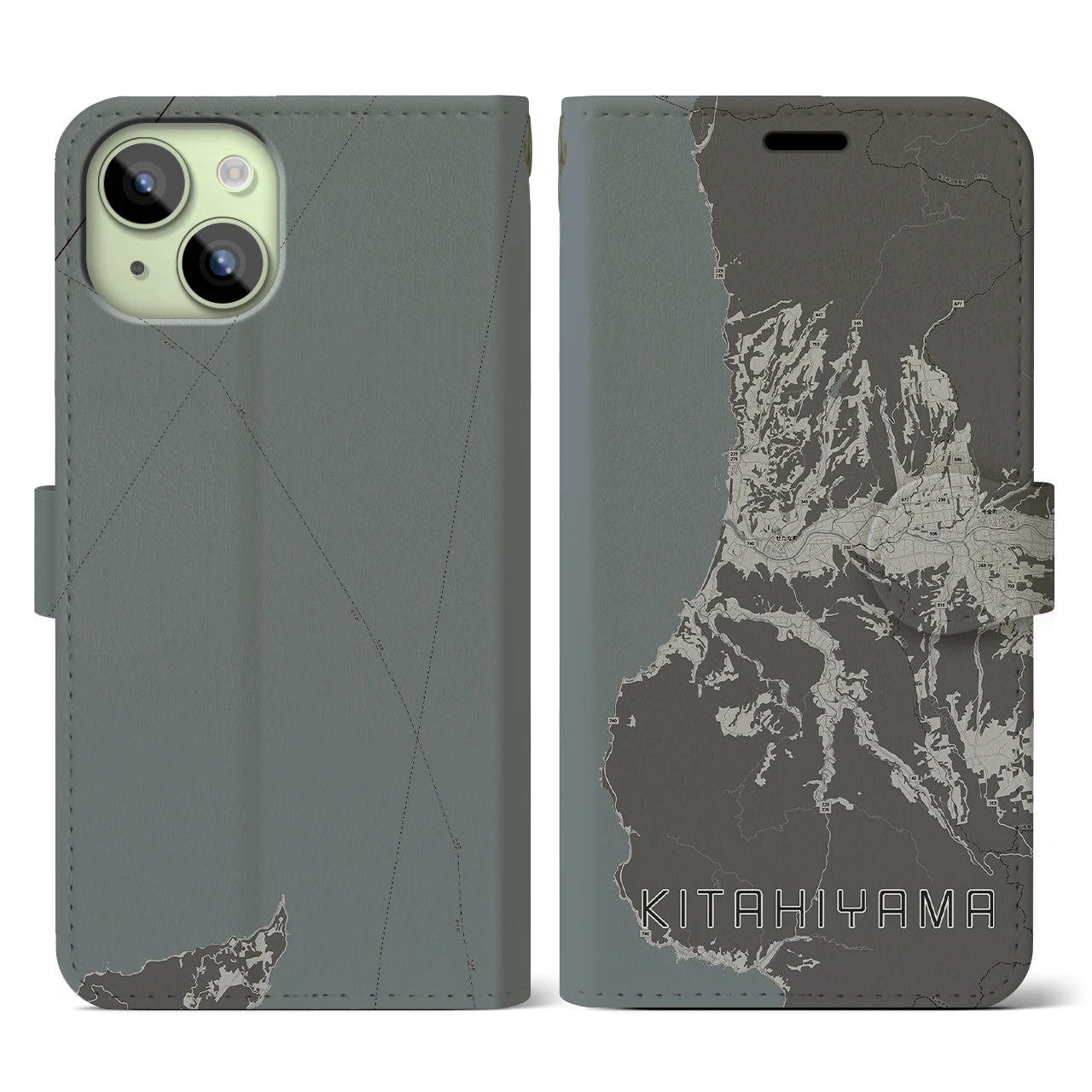 【北檜山(北海道)】地図柄iPhoneケース(手帳タイプ)モノトーン・iPhone 15 用