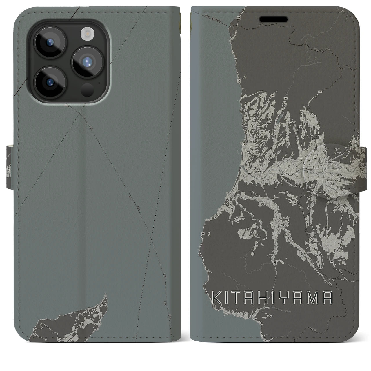 【北檜山(北海道)】地図柄iPhoneケース(手帳タイプ)モノトーン・iPhone 15 Pro Max 用