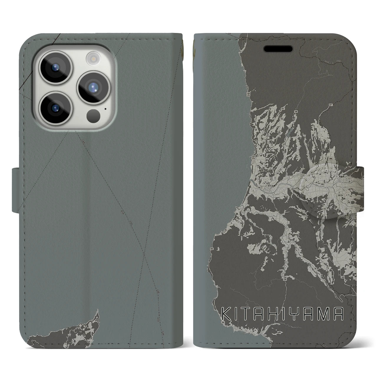 【北檜山(北海道)】地図柄iPhoneケース(手帳タイプ)モノトーン・iPhone 15 Pro 用