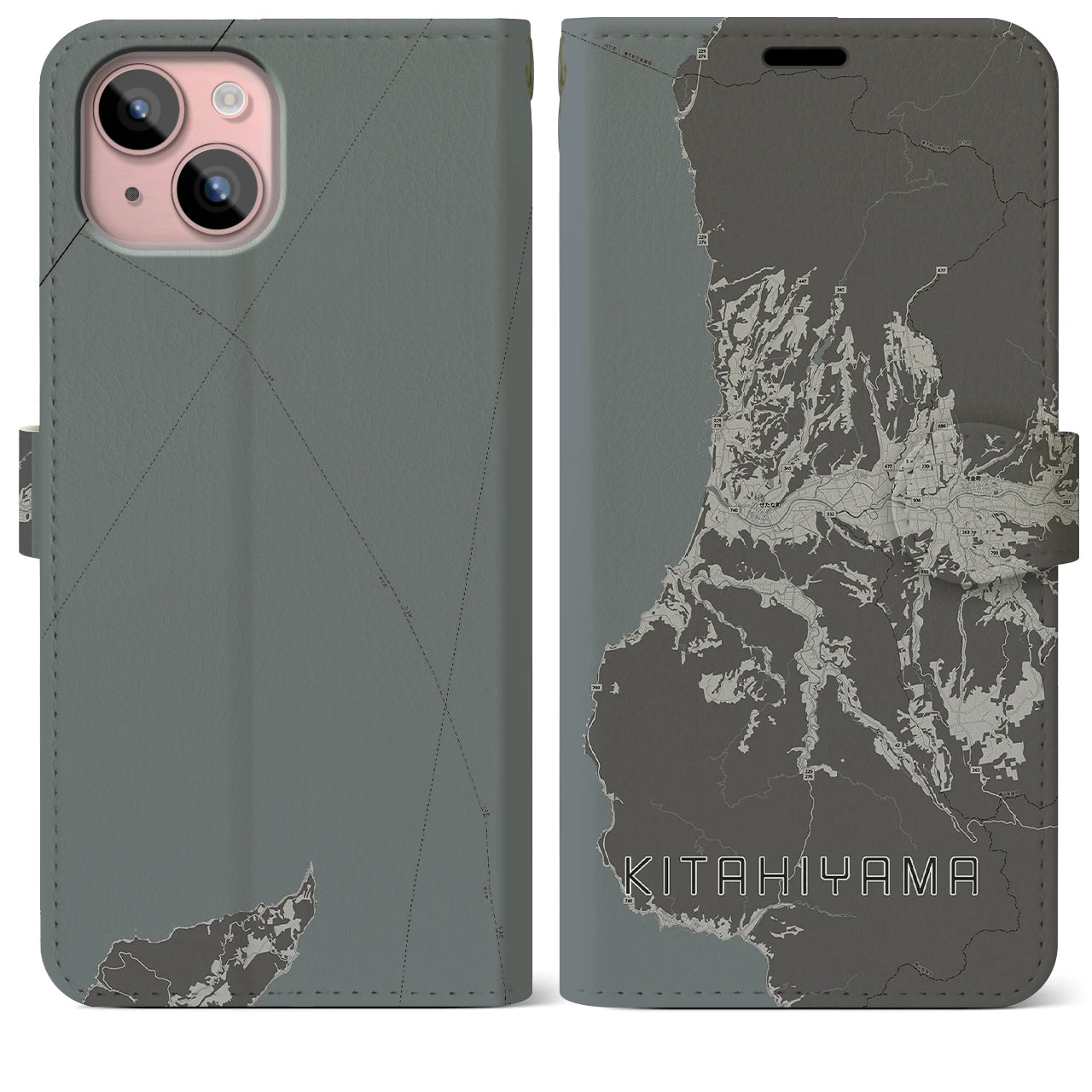 【北檜山(北海道)】地図柄iPhoneケース(手帳タイプ)モノトーン・iPhone 15 Plus 用