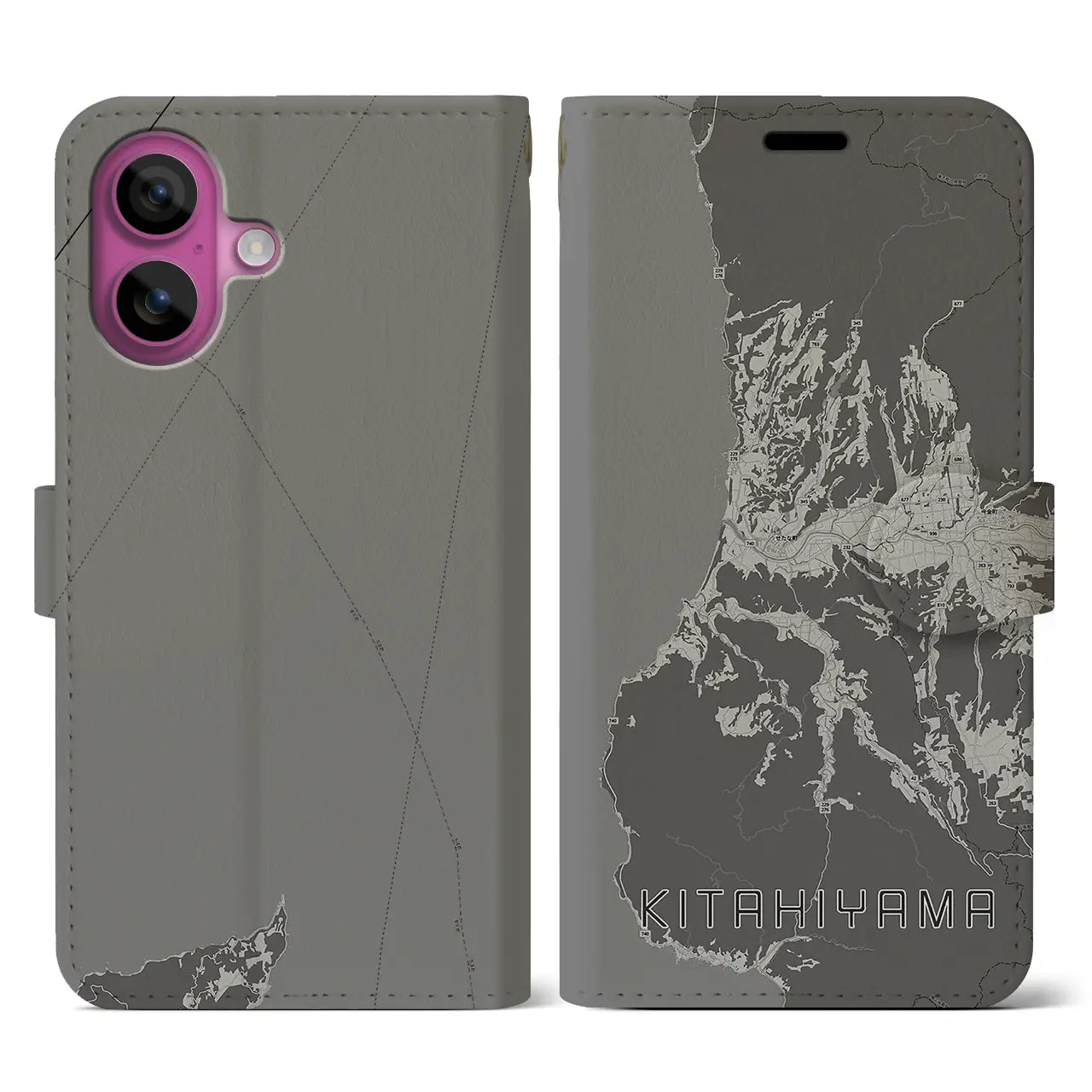 【北檜山(北海道)】地図柄iPhoneケース(手帳タイプ)モノトーン・iPhone 16 Pro 用