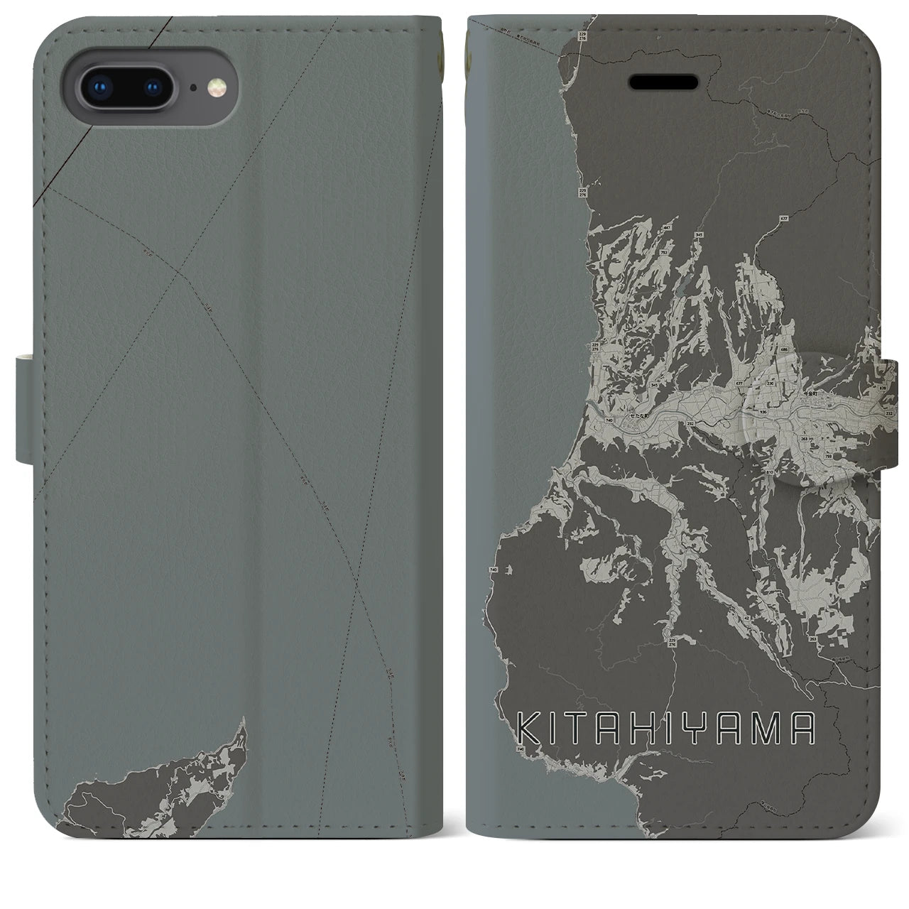 【北檜山(北海道)】地図柄iPhoneケース(手帳タイプ)モノトーン・iPhone 8Plus /7Plus / 6sPlus / 6Plus 用