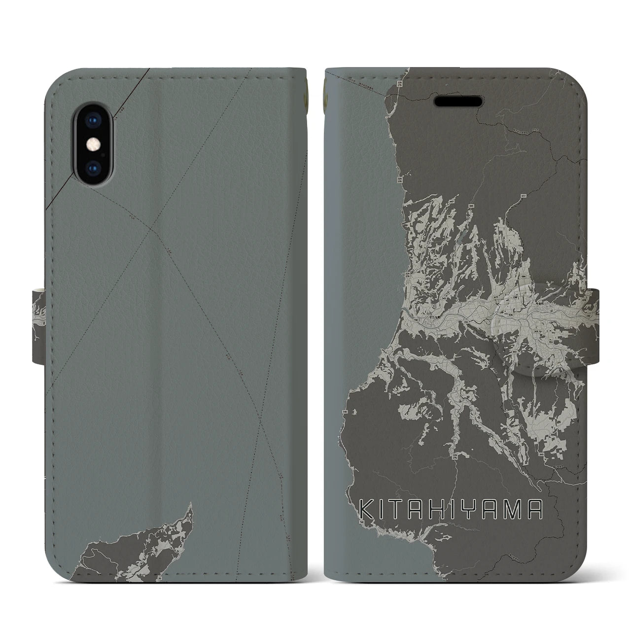 【北檜山(北海道)】地図柄iPhoneケース(手帳タイプ)モノトーン・iPhone XS / X 用