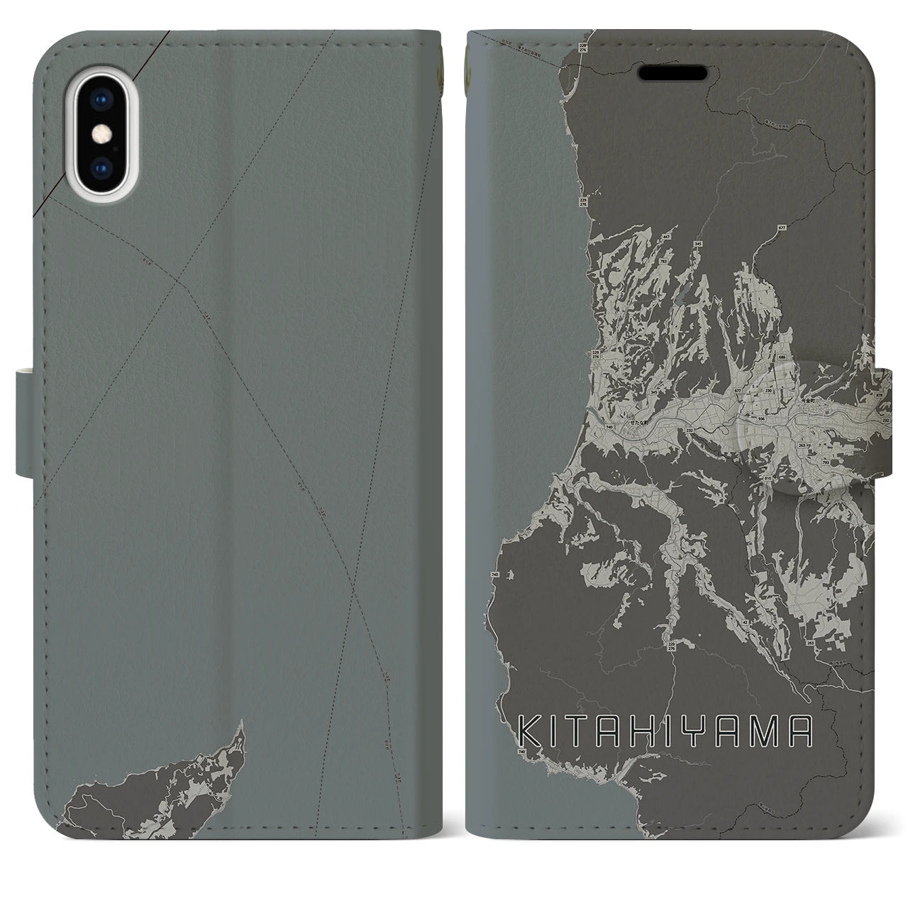 【北檜山(北海道)】地図柄iPhoneケース(手帳タイプ)モノトーン・iPhone XS Max 用