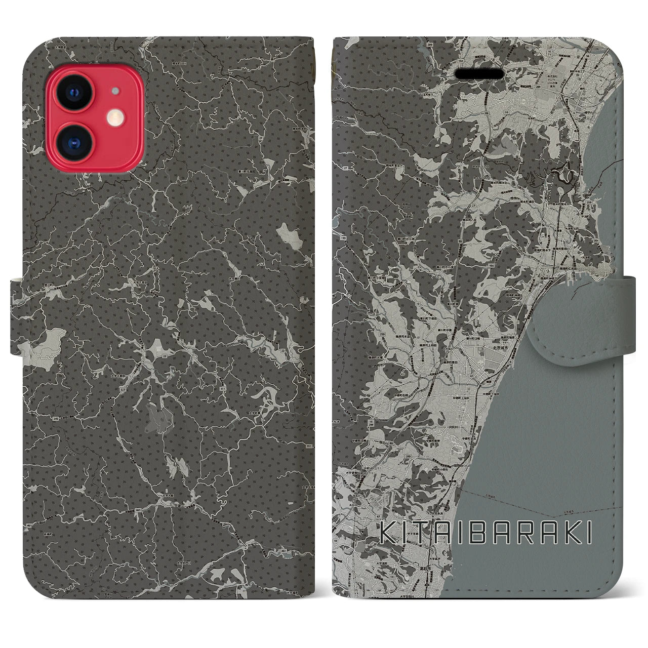 【北茨城(茨城県)】地図柄iPhoneケース(手帳タイプ)モノトーン・iPhone 11 用