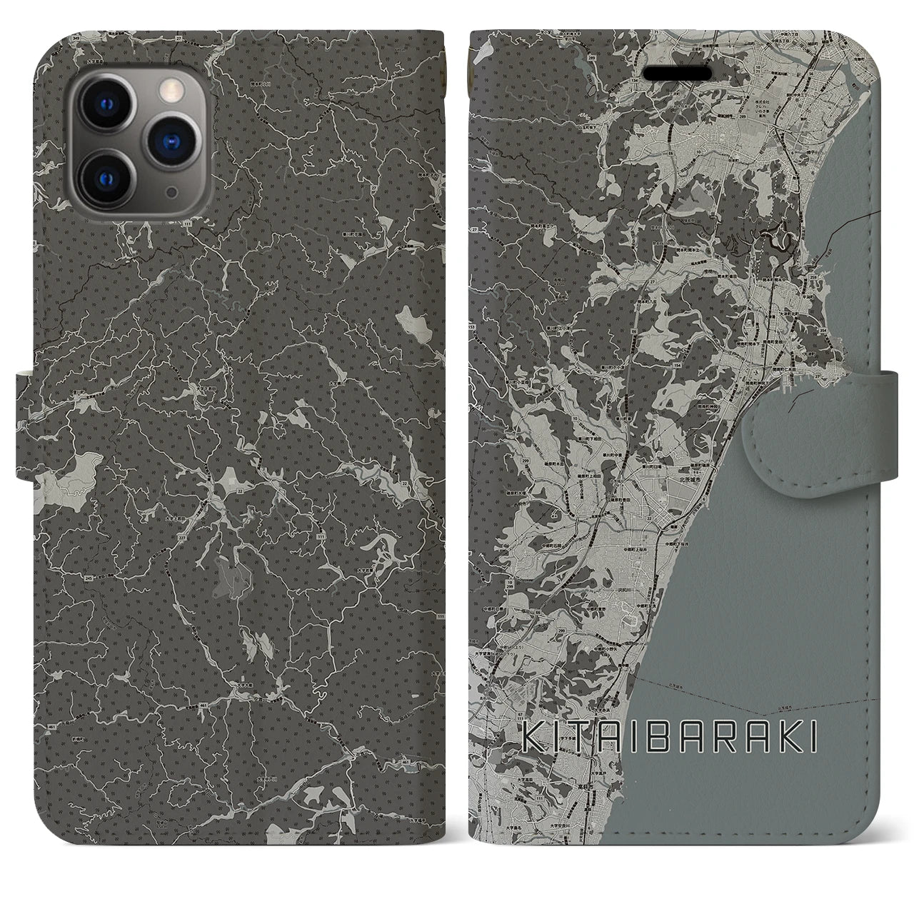 【北茨城(茨城県)】地図柄iPhoneケース(手帳タイプ)モノトーン・iPhone 11 Pro Max 用