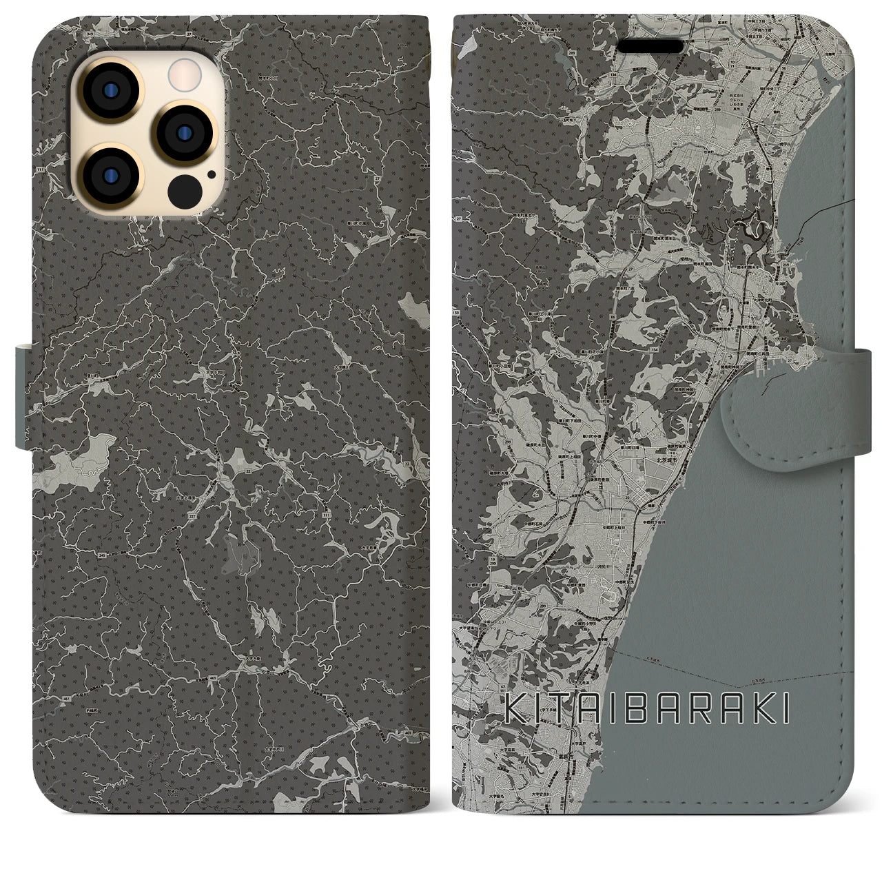 【北茨城(茨城県)】地図柄iPhoneケース(手帳タイプ)モノトーン・iPhone 12 Pro Max 用