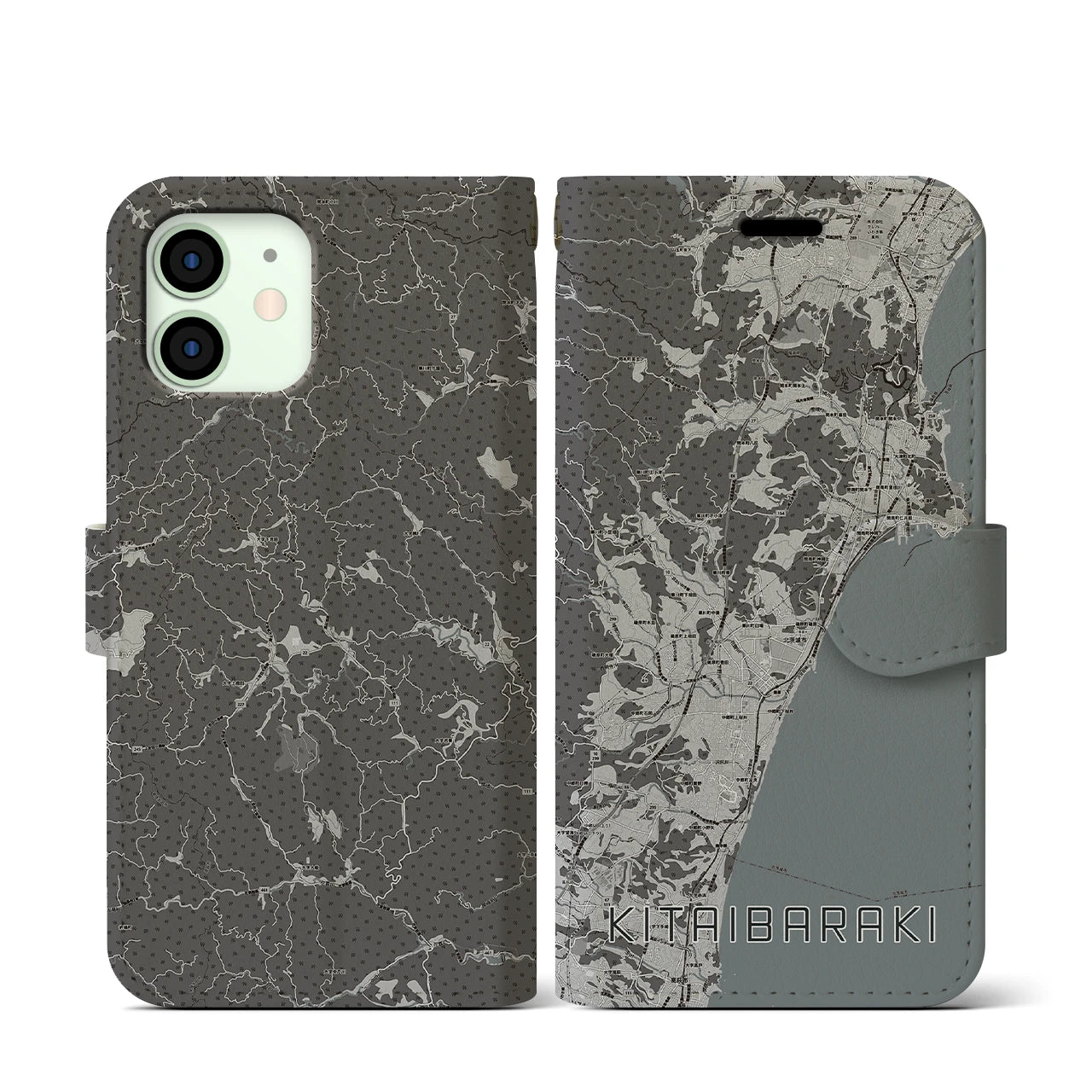 【北茨城(茨城県)】地図柄iPhoneケース(手帳タイプ)モノトーン・iPhone 12 mini 用