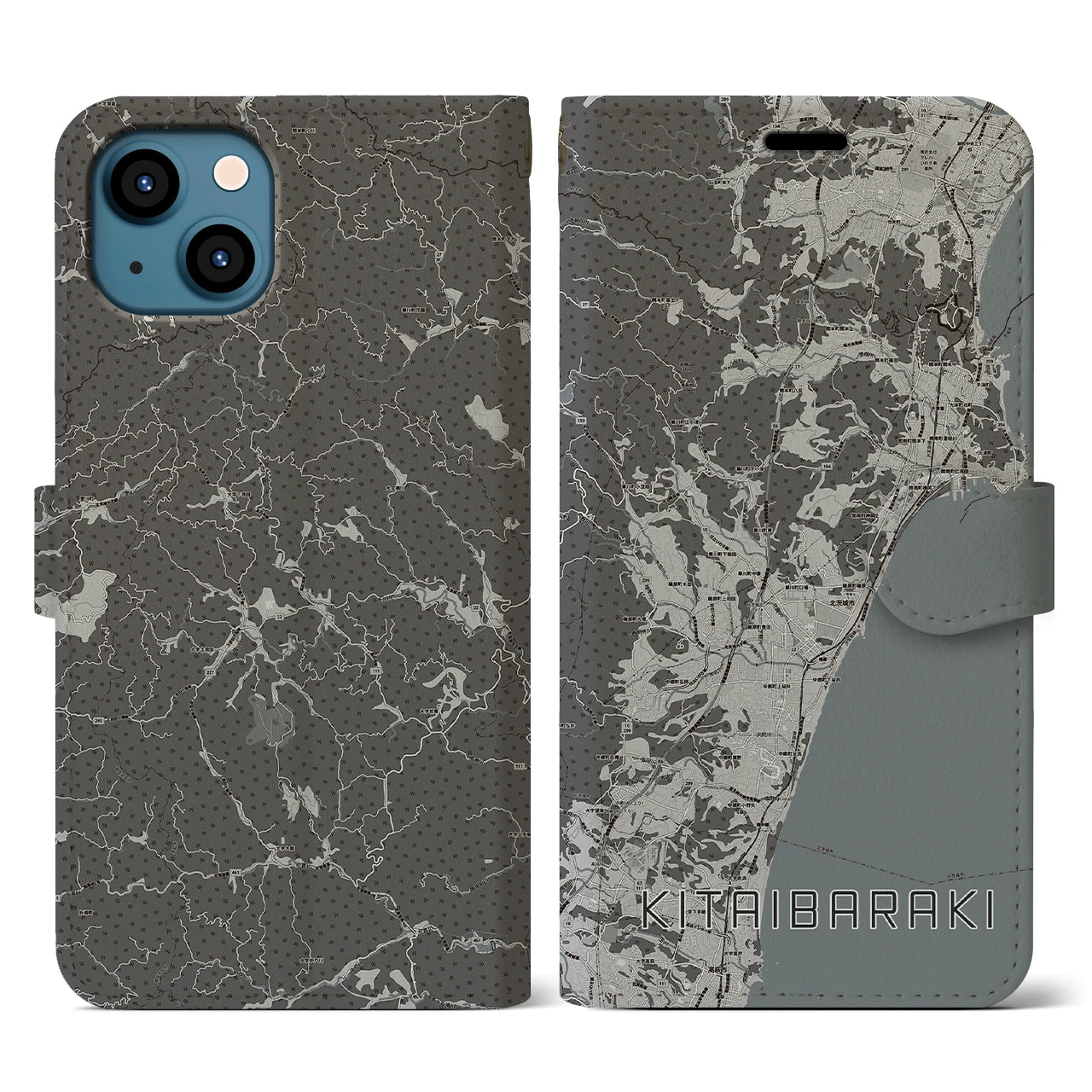【北茨城(茨城県)】地図柄iPhoneケース(手帳タイプ)モノトーン・iPhone 13 用