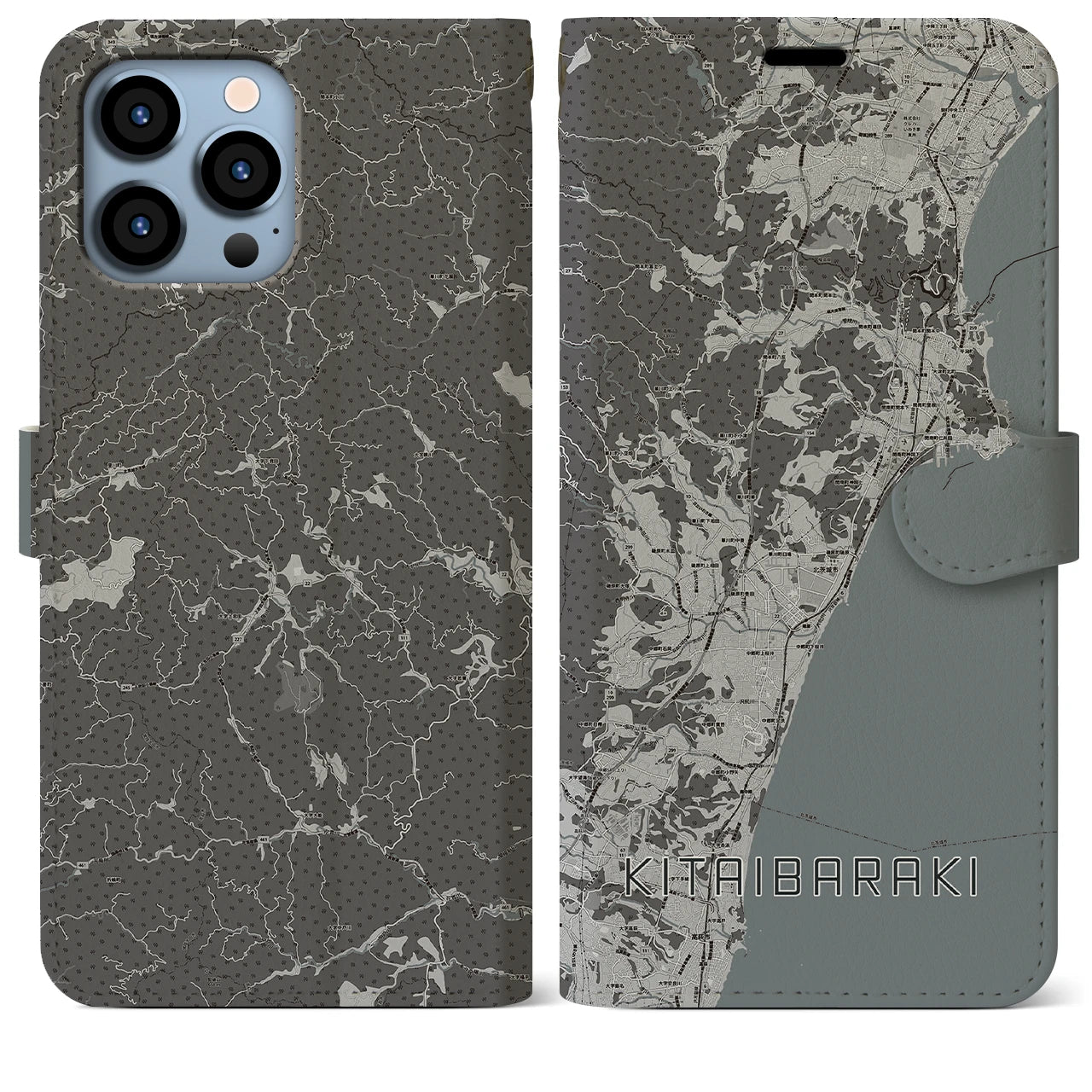 【北茨城(茨城県)】地図柄iPhoneケース(手帳タイプ)モノトーン・iPhone 13 Pro Max 用