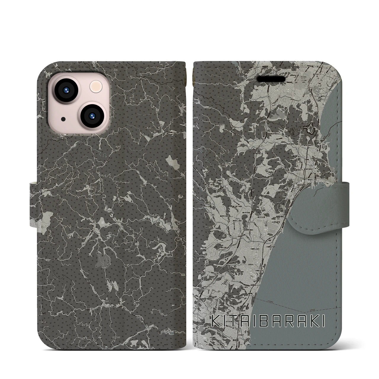 【北茨城(茨城県)】地図柄iPhoneケース(手帳タイプ)モノトーン・iPhone 13 mini 用