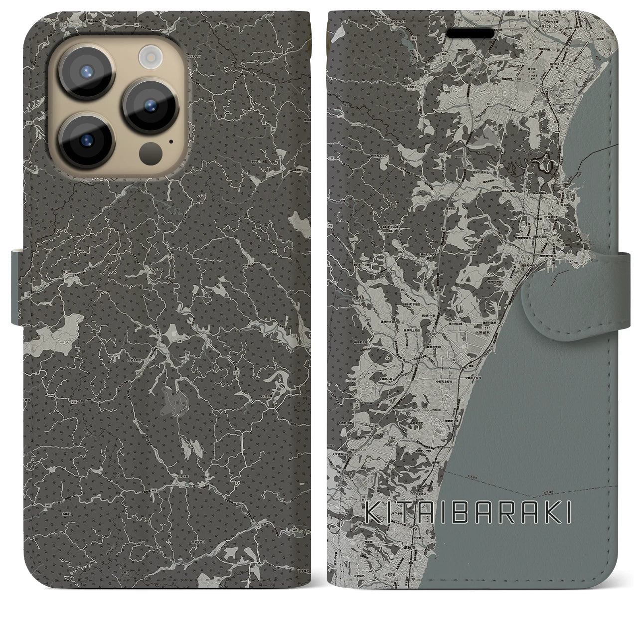 【北茨城(茨城県)】地図柄iPhoneケース(手帳タイプ)モノトーン・iPhone 14 Pro Max 用