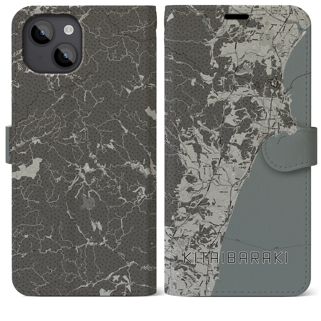 【北茨城(茨城県)】地図柄iPhoneケース(手帳タイプ)モノトーン・iPhone 14 Plus 用