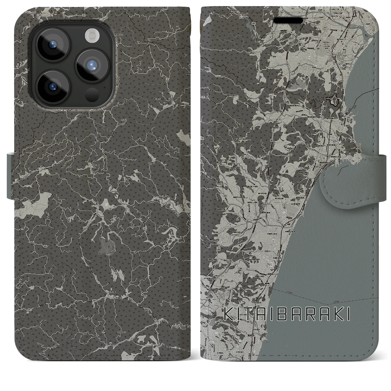 【北茨城(茨城県)】地図柄iPhoneケース(手帳タイプ)モノトーン・iPhone 15 Pro Max 用