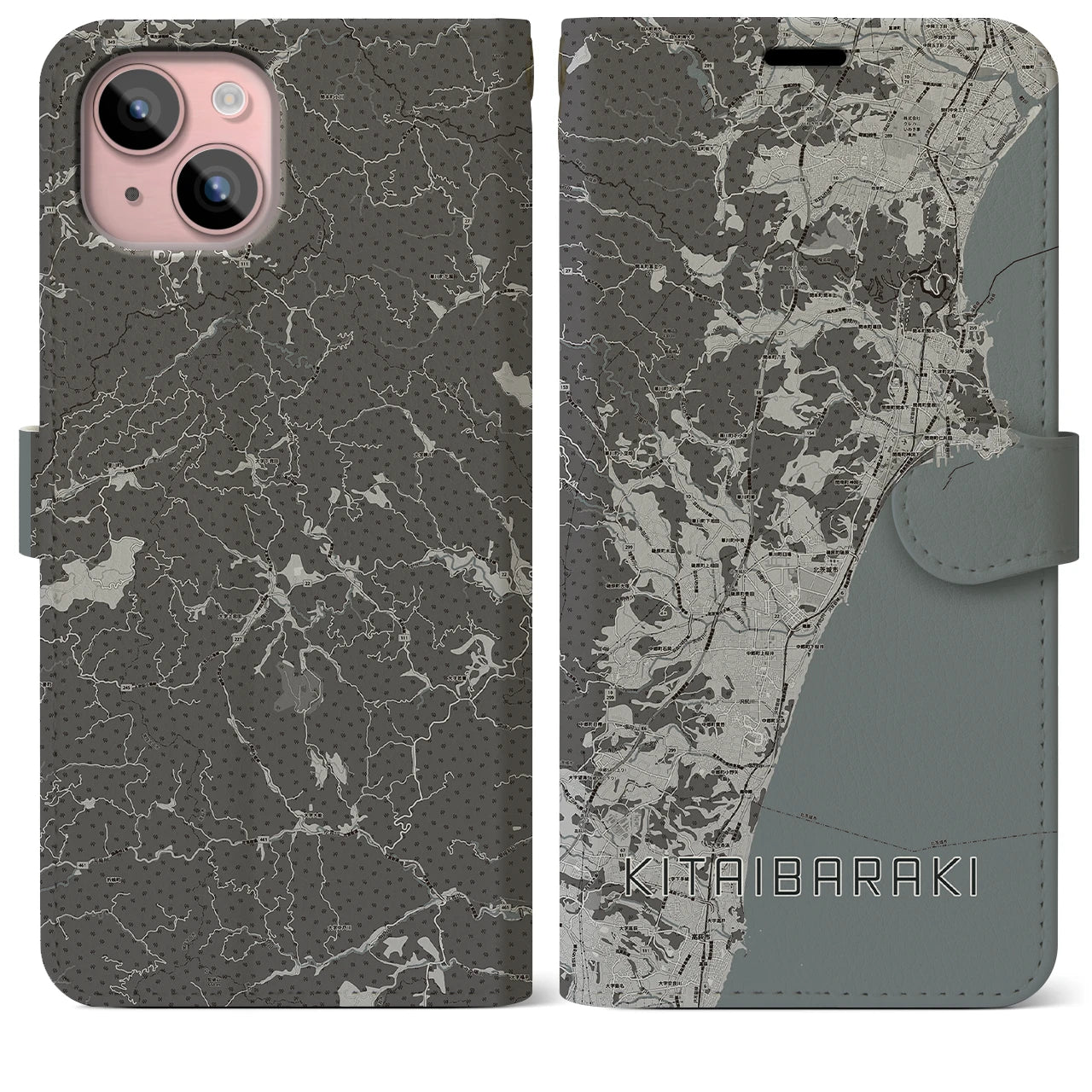 【北茨城(茨城県)】地図柄iPhoneケース(手帳タイプ)モノトーン・iPhone 15 Plus 用