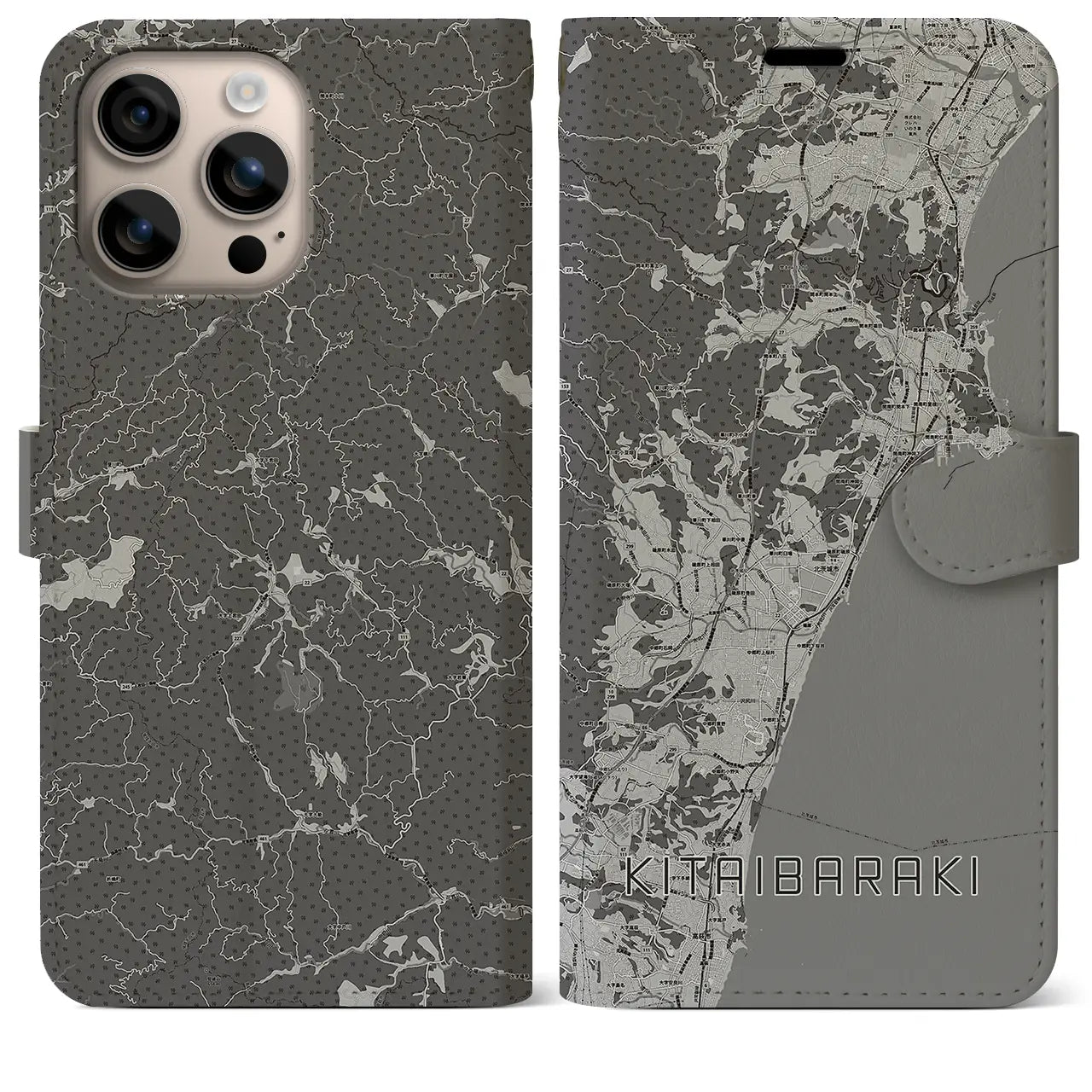 【北茨城(茨城県)】地図柄iPhoneケース(手帳タイプ)モノトーン・iPhone 16 Plus 用