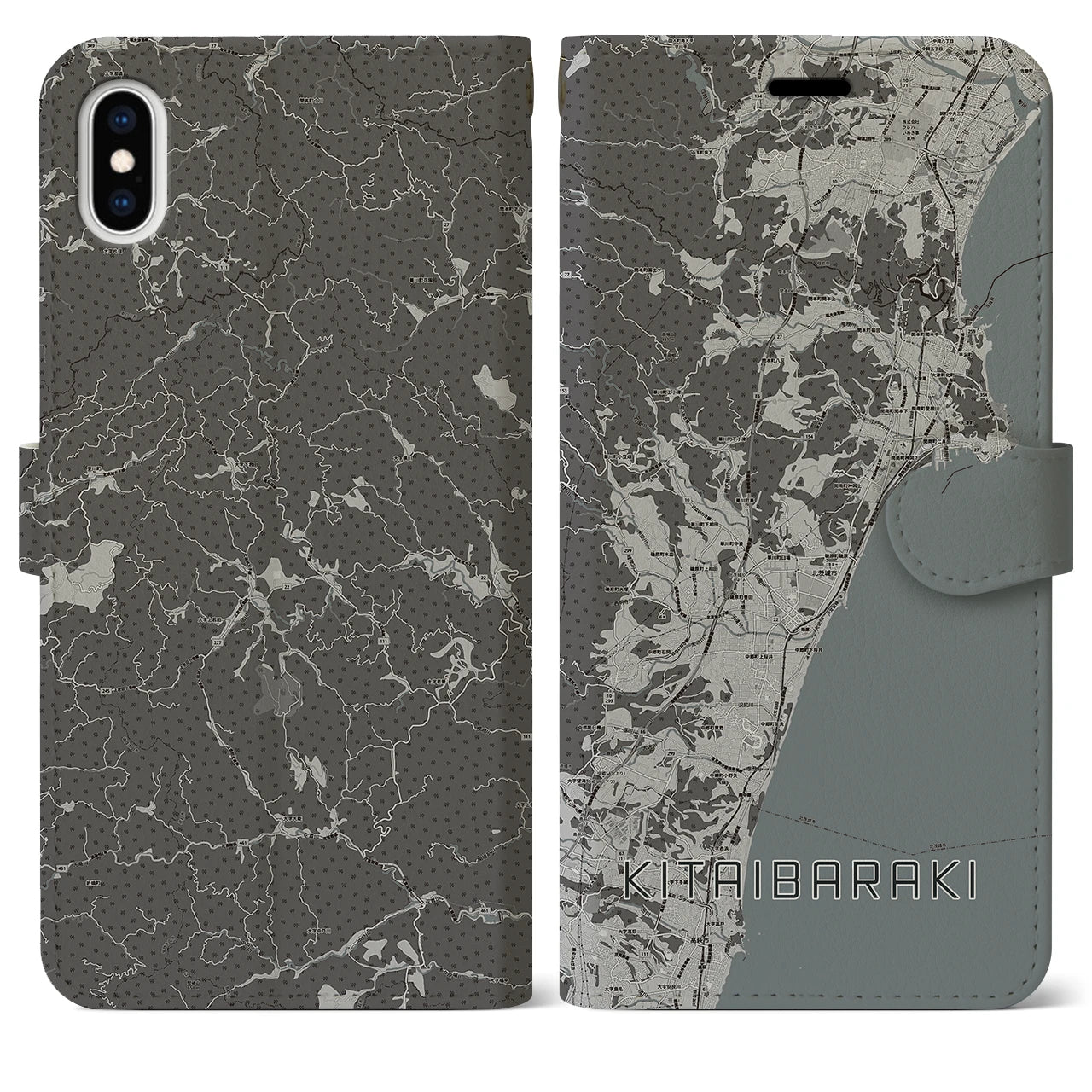 【北茨城(茨城県)】地図柄iPhoneケース(手帳タイプ)モノトーン・iPhone XS Max 用