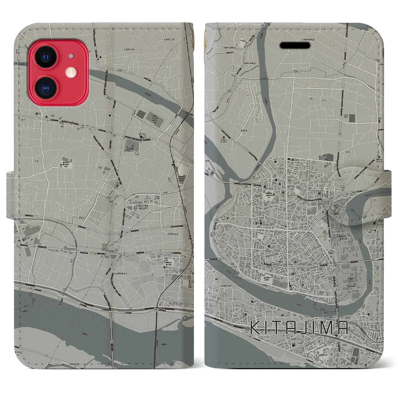 【北島(徳島県)】地図柄iPhoneケース(手帳タイプ)モノトーン・iPhone 11 用
