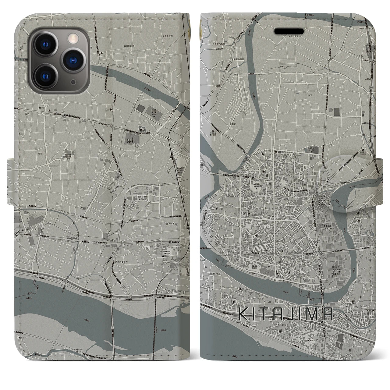 【北島(徳島県)】地図柄iPhoneケース(手帳タイプ)モノトーン・iPhone 11 Pro Max 用