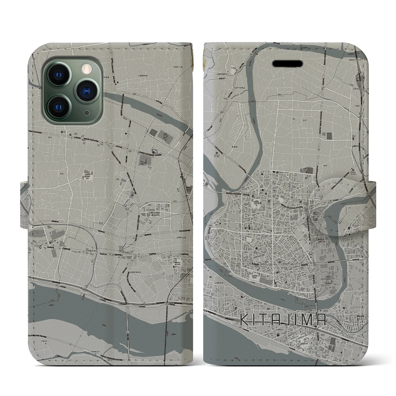 【北島(徳島県)】地図柄iPhoneケース(手帳タイプ)モノトーン・iPhone 11 Pro 用