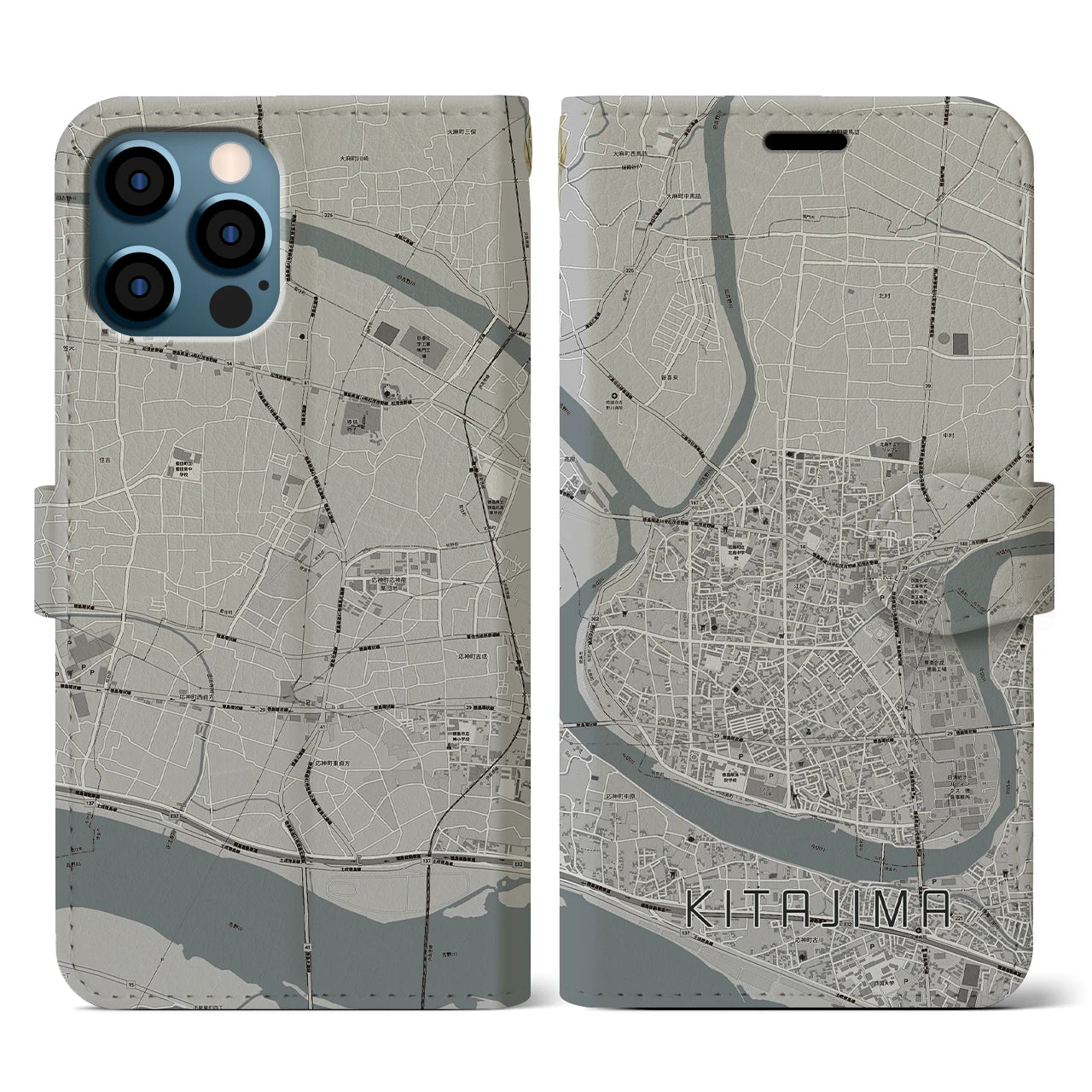 【北島(徳島県)】地図柄iPhoneケース(手帳タイプ)モノトーン・iPhone 12 / 12 Pro 用