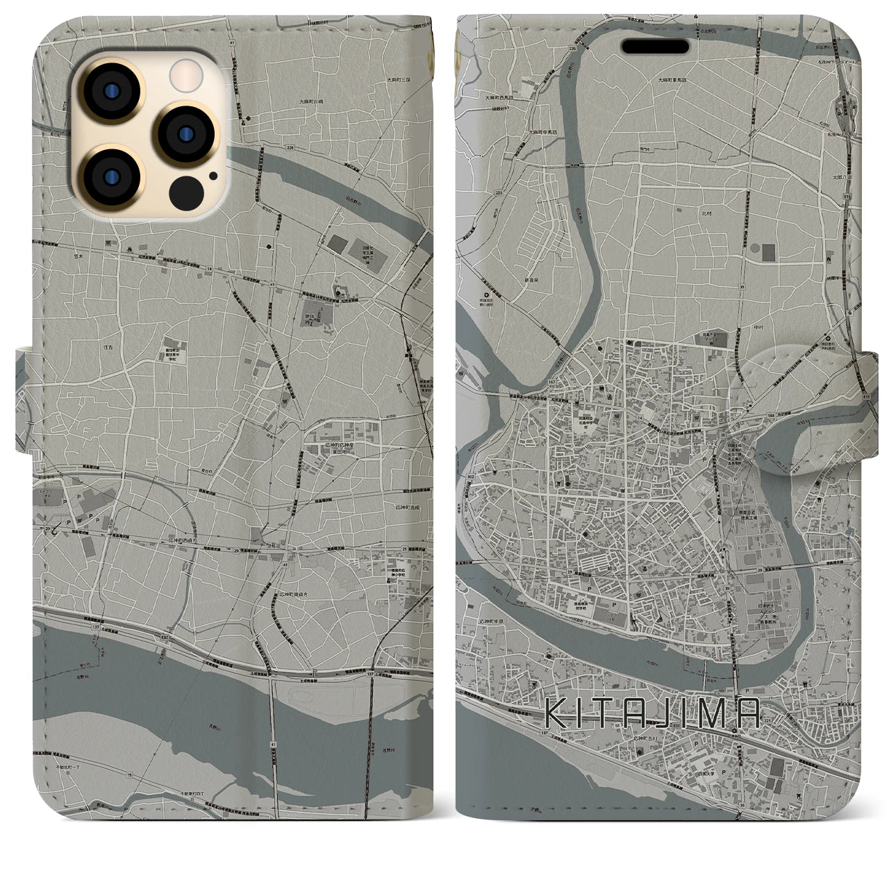 【北島(徳島県)】地図柄iPhoneケース(手帳タイプ)モノトーン・iPhone 12 Pro Max 用