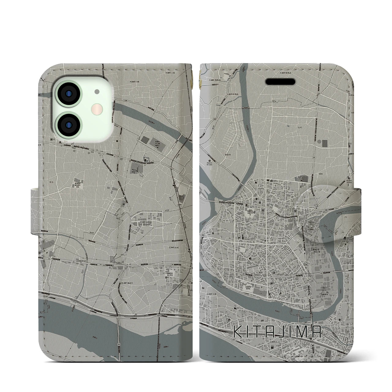 【北島(徳島県)】地図柄iPhoneケース(手帳タイプ)モノトーン・iPhone 12 mini 用