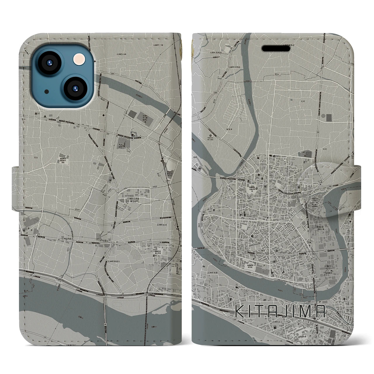 【北島(徳島県)】地図柄iPhoneケース(手帳タイプ)モノトーン・iPhone 13 用