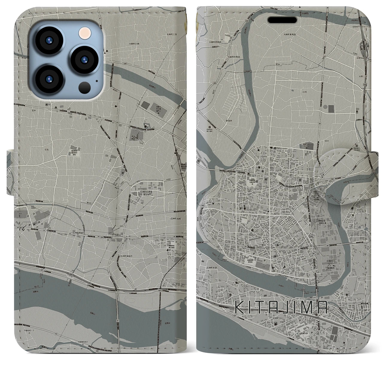 【北島(徳島県)】地図柄iPhoneケース(手帳タイプ)モノトーン・iPhone 13 Pro Max 用