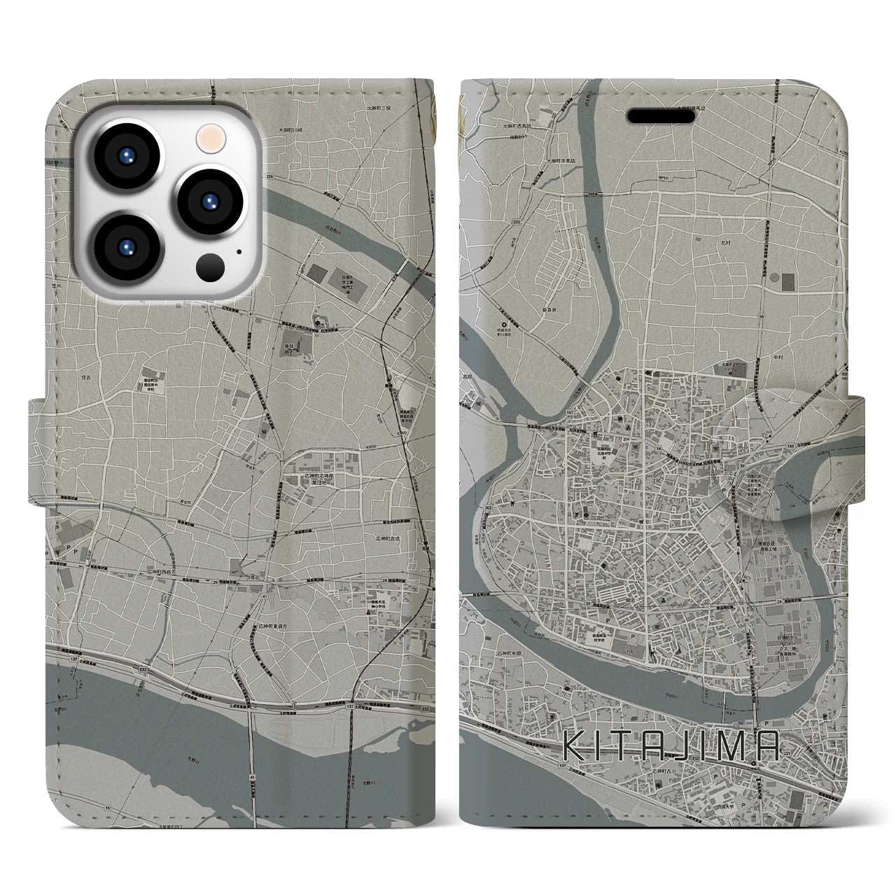 【北島(徳島県)】地図柄iPhoneケース(手帳タイプ)モノトーン・iPhone 13 Pro 用