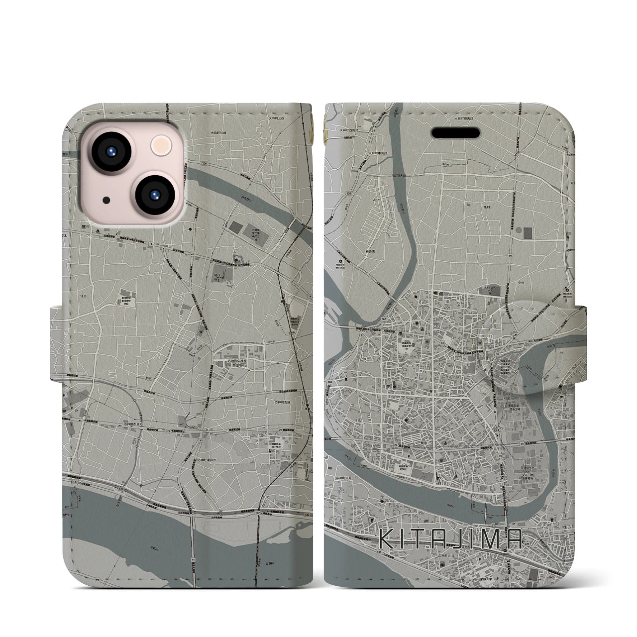 【北島(徳島県)】地図柄iPhoneケース(手帳タイプ)モノトーン・iPhone 13 mini 用